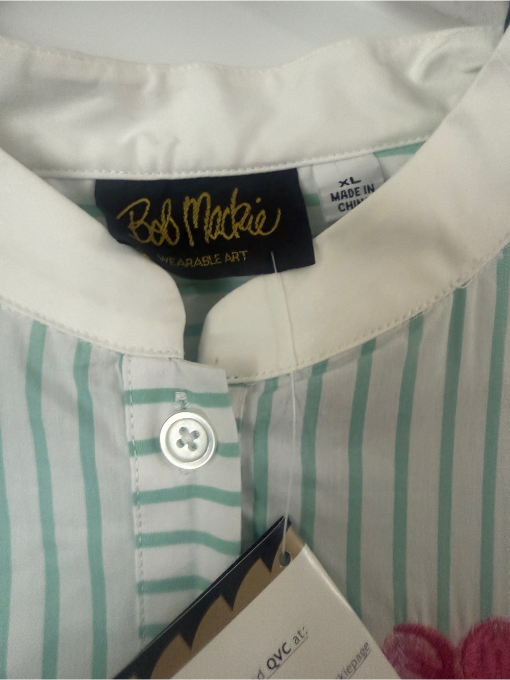 Bob Mackie Mint-Striped Button Front Shirt with White Collar and Pink Embroidery - Picture 2 of 3